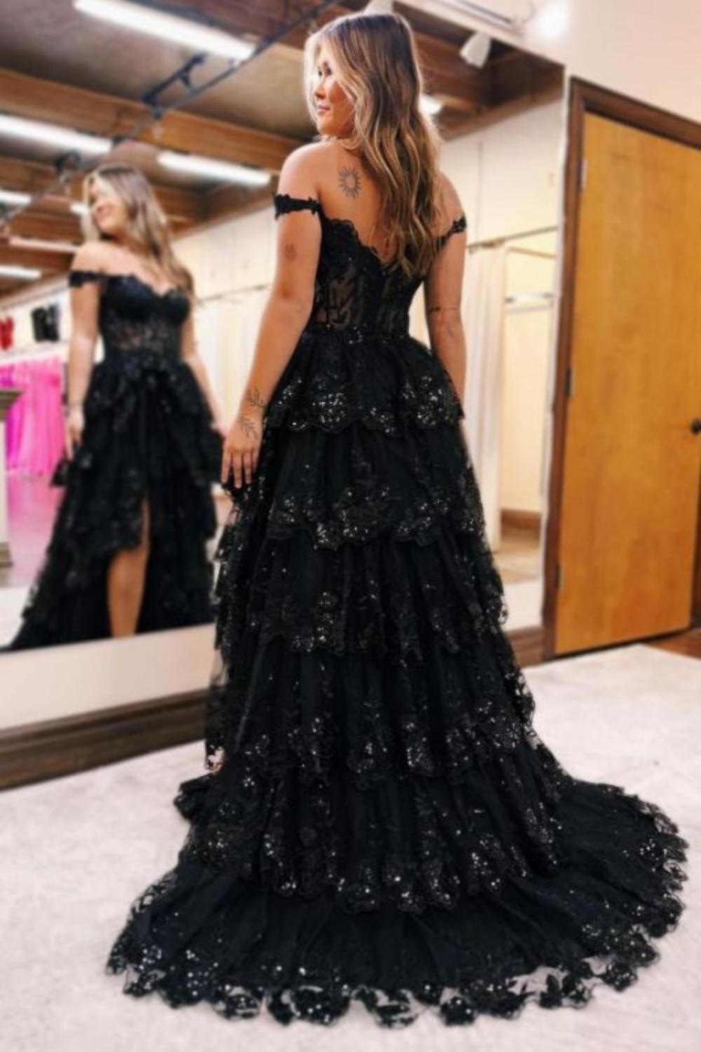 Black Off-the-shoulder A-line Long Prom Dress with Lace Appliques-27dress