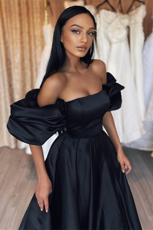 Black Off the Shoulder High Waist Prom Dress A Line With Bubble Sleeves