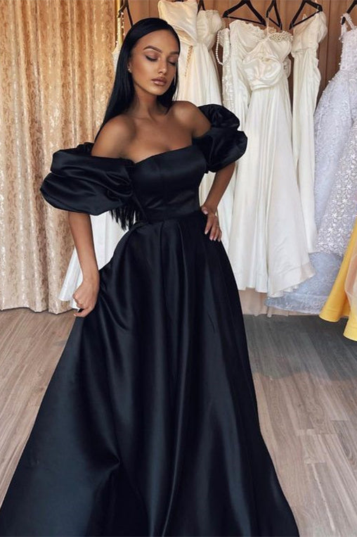 Black Off the Shoulder High Waist Prom Dress A Line With Bubble Sleeves