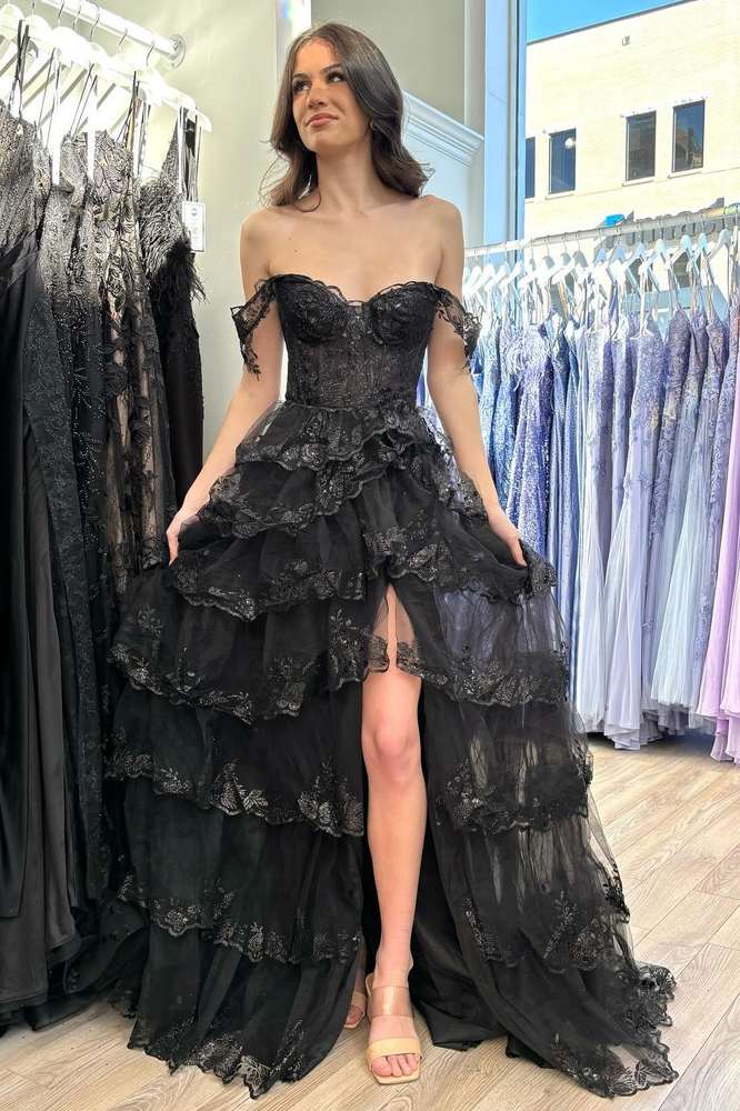 Black Long A-line Off the Shoulder Lace Applique Prom Dress with High 27dress Black Long A-line Off the Shoulder Lace Applique Prom Dress with High 27dress