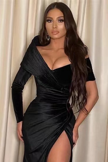 Black Off the Shoulder Long Sleeve Prom Dress With Mermaid Split