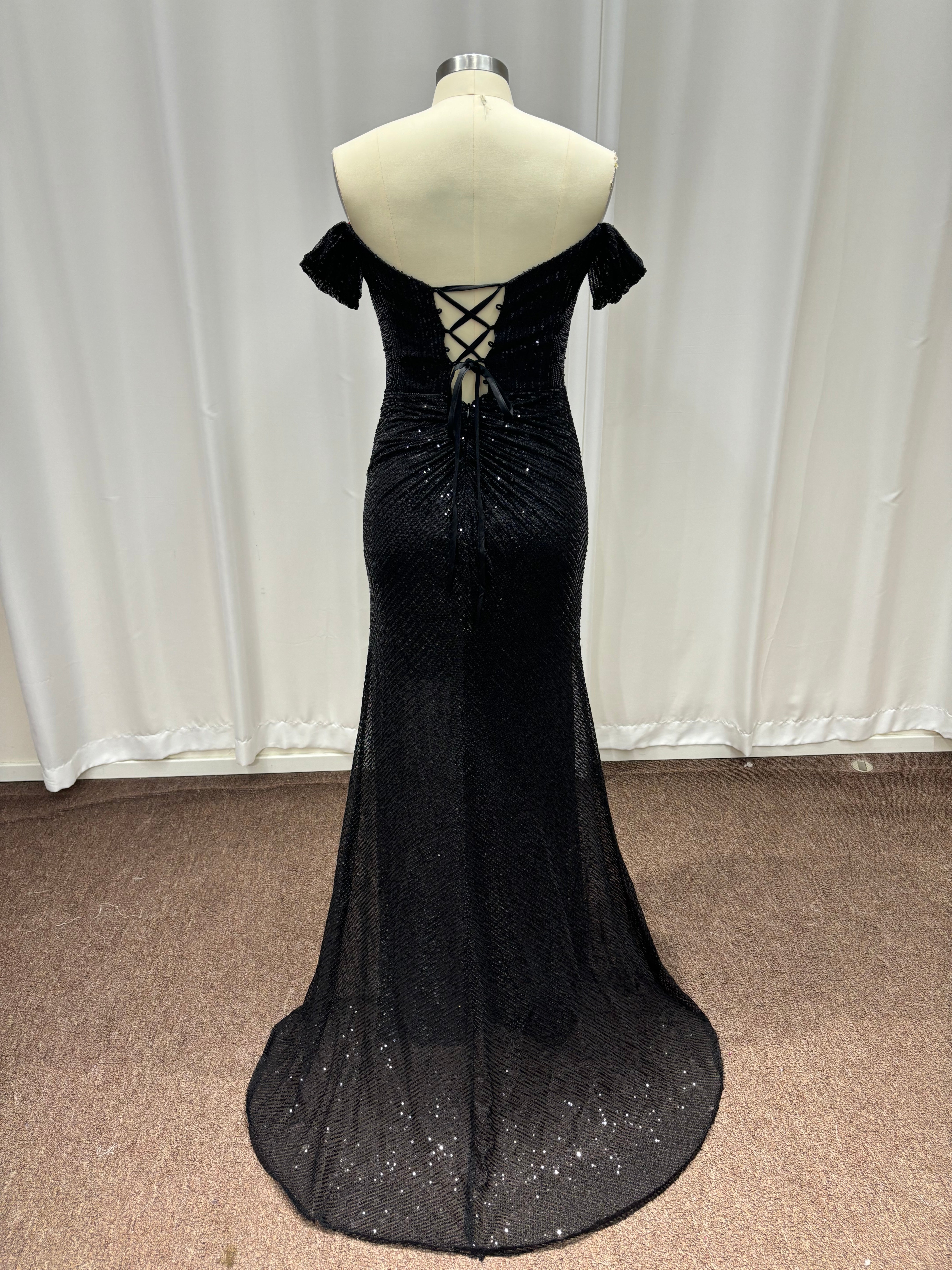 27DRESS Black Off-the-Shoulder Mermaid Sequined Evening Dresses with Slit
