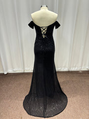27DRESS Black Off-the-Shoulder Mermaid Sequined Evening Dresses with Slit
