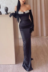 Black Off the Shoulder Prom Dress With Gloves Long Mermaid Appliques