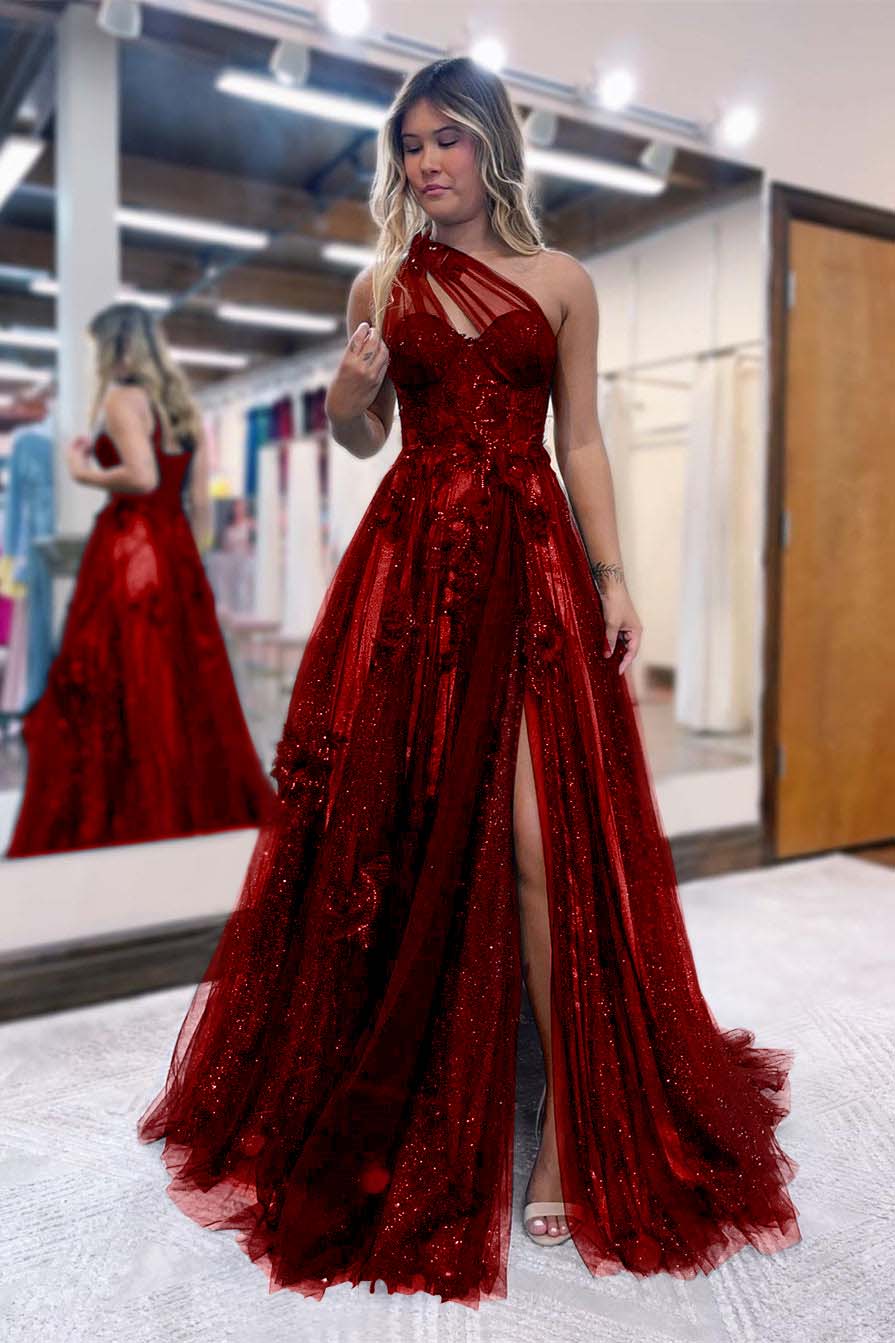 Black One Shoulder A Line Prom Dress Side Split Tulle With Appliques