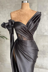 Black One Shoulder Long Sleeve Lace Pleated Long Prom Dress With Side Split