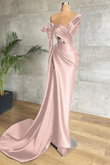Black One Shoulder Long Sleeve Lace Pleated Long Prom Dress With Side Split