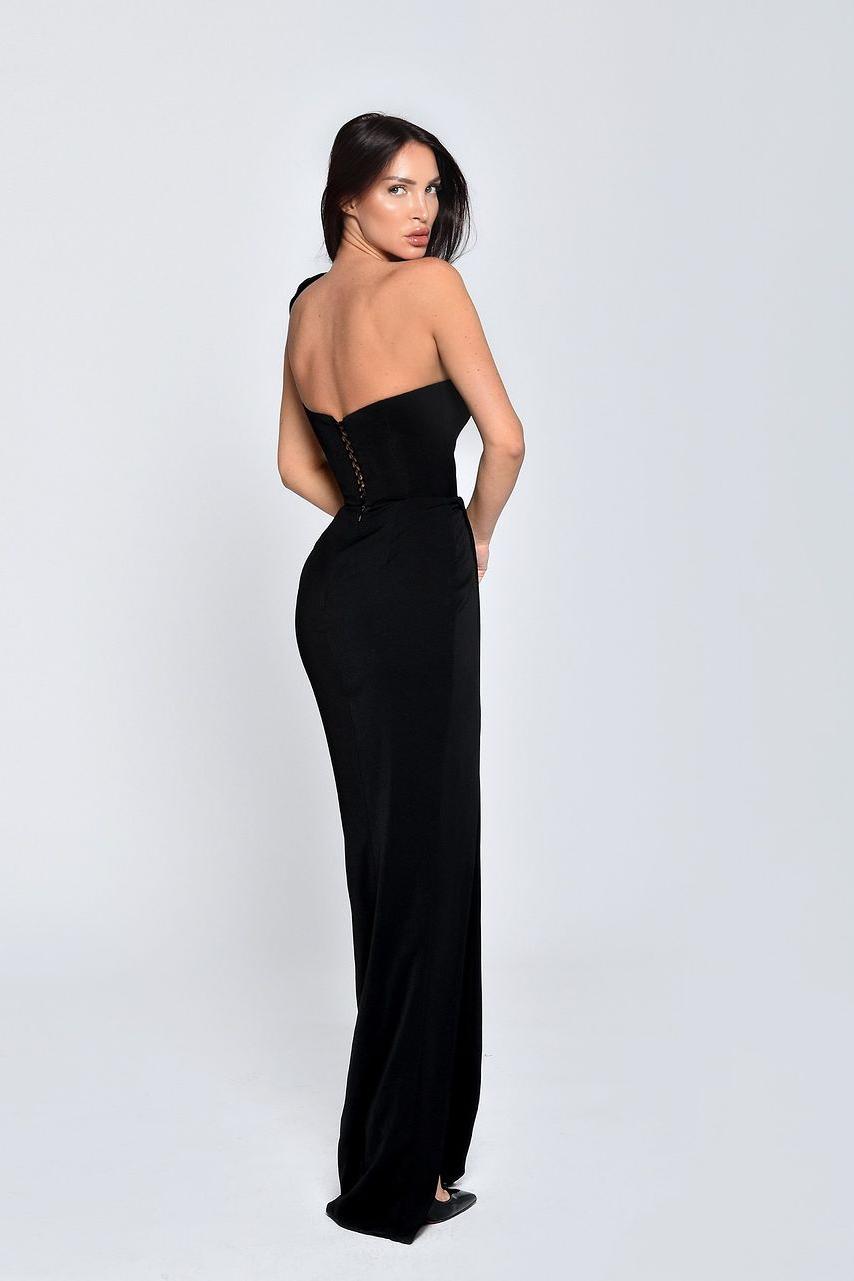 Black One Shoulder Sleeveless Bowknot Prom Dress With Front Split