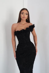 Black One Shoulder Sleeveless Lace Appliques Mermaid Long Prom Dress