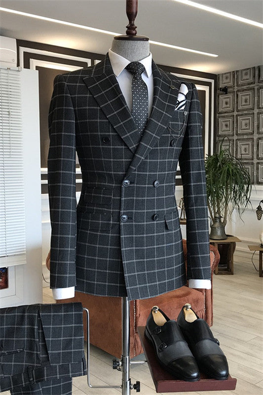 Black Peaked Lapel Double Breasted Plaid Men Suits For Business