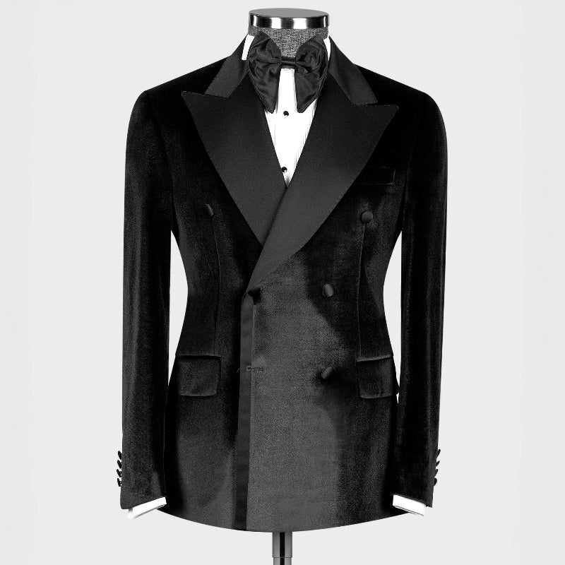 Peaked Lapel Double Breasted Velvet Black Prom Suits