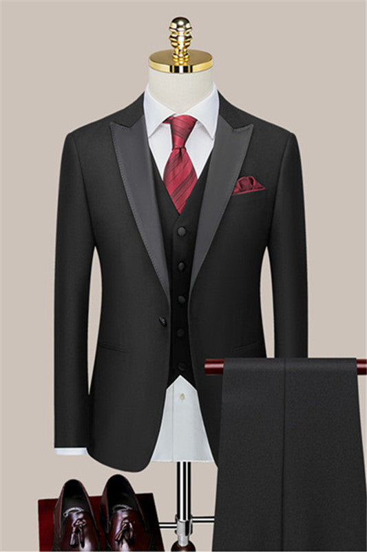 Peaked Lapel Three Pieces Bespoke Black Wedding Suits