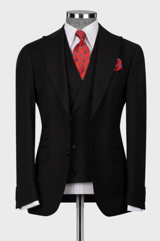 Peaked Lapel Three Pieces Men Black Wedding Suits