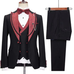 Peaked Lapel Three Pieces Black Prom Suits
