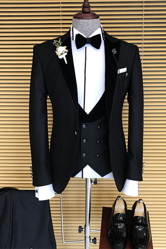 Peaked Lapel Three Pieces Slim Fit Black Wedding Suits