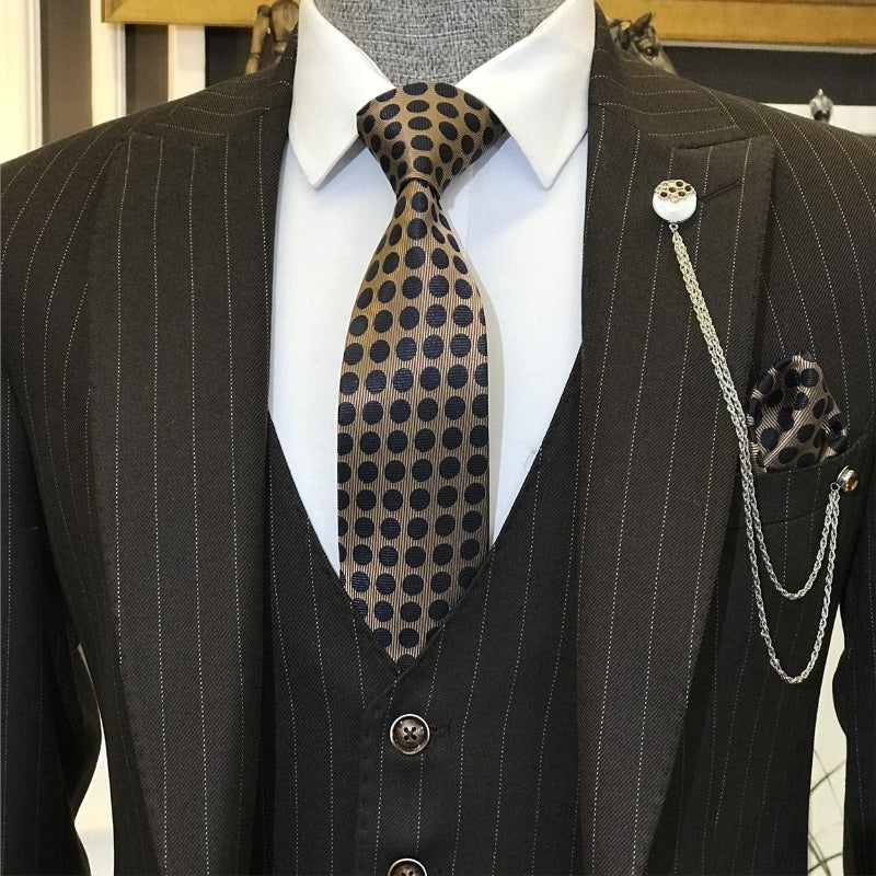 Black Peaked Lapel Three Pieces Striped Business Men Suits