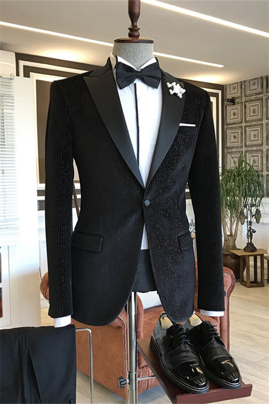 Black Peaked Lapel Two Pieces Bespoke Corduroy Men Suits For Wedding