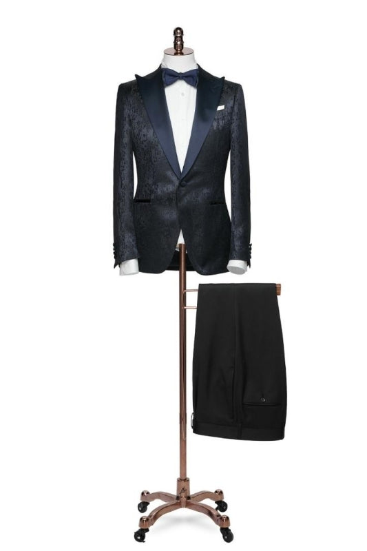 Peaked Lapel Two Pieces Jacquard Slim Fit Black Prom Suits