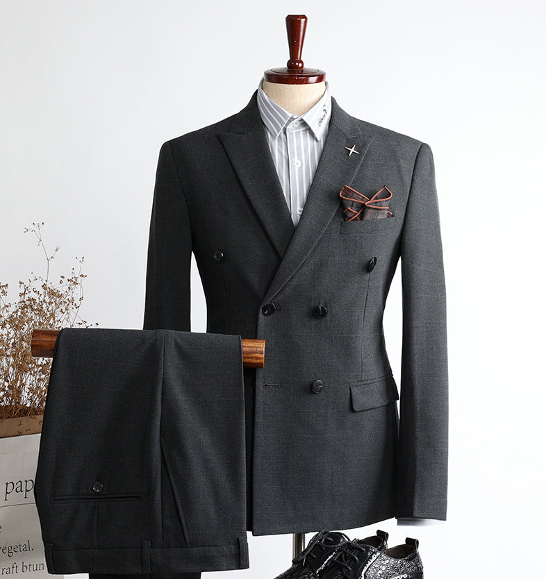 Black Plaid Double Breasted Two Pieces Peaked Lapel Men Suits