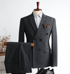 Black Plaid Double Breasted Two Pieces Peaked Lapel Men Suits