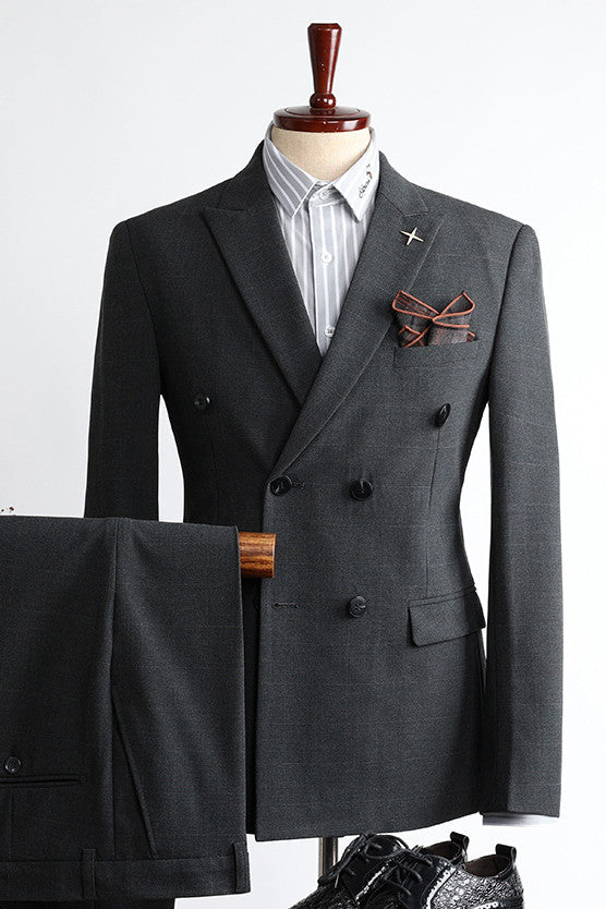 Black Plaid Double Breasted Two Pieces Peaked Lapel Men Suits