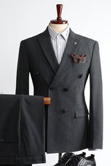 Black Plaid Double Breasted Two Pieces Peaked Lapel Men Suits