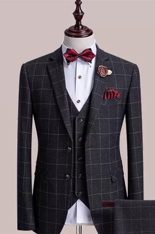 Plaid Three Pieces Notched Lapel Black Wedding Suits