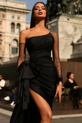 Black Prom Dress Long Sleeves Tulle One Shoulder With Pleated Split