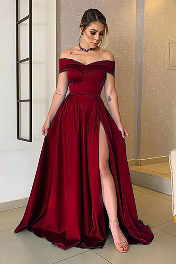 Black Satin A-line Off-the-Shoulder Long Prom Dress with Split-27dress