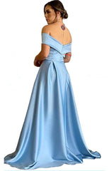 Black Satin A-line Off-the-Shoulder Long Prom Dress with Split-27dress