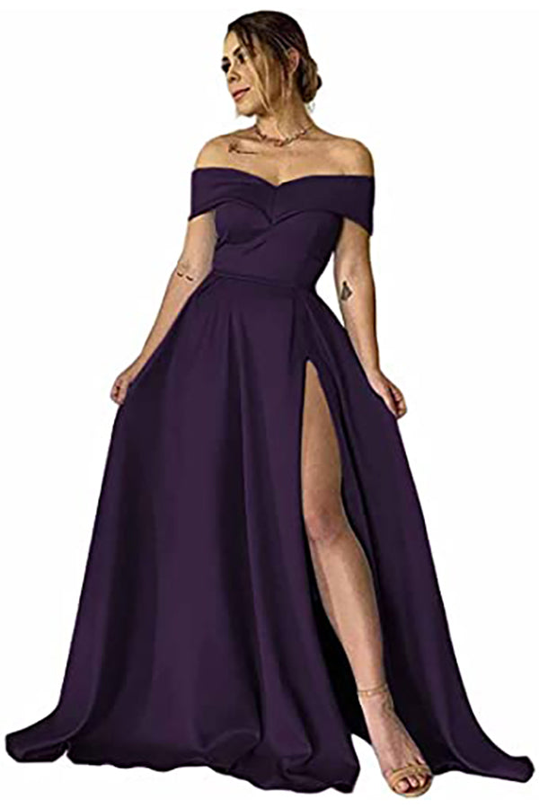 Black Satin A-line Off-the-Shoulder Long Prom Dress with Split-27dress