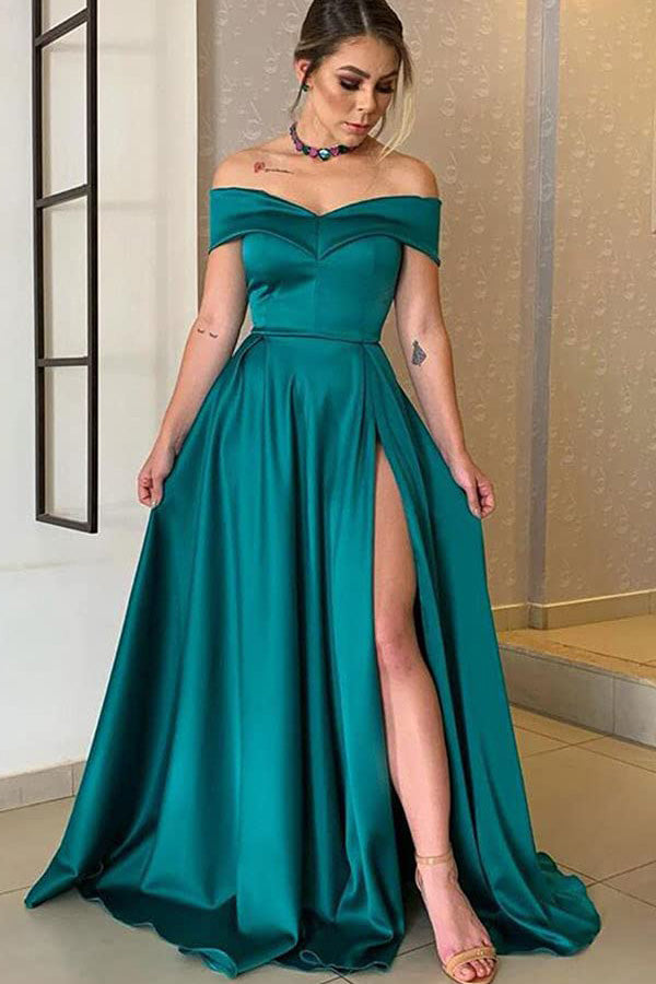Black Satin A-line Off-the-Shoulder Long Prom Dress with Split-27dress