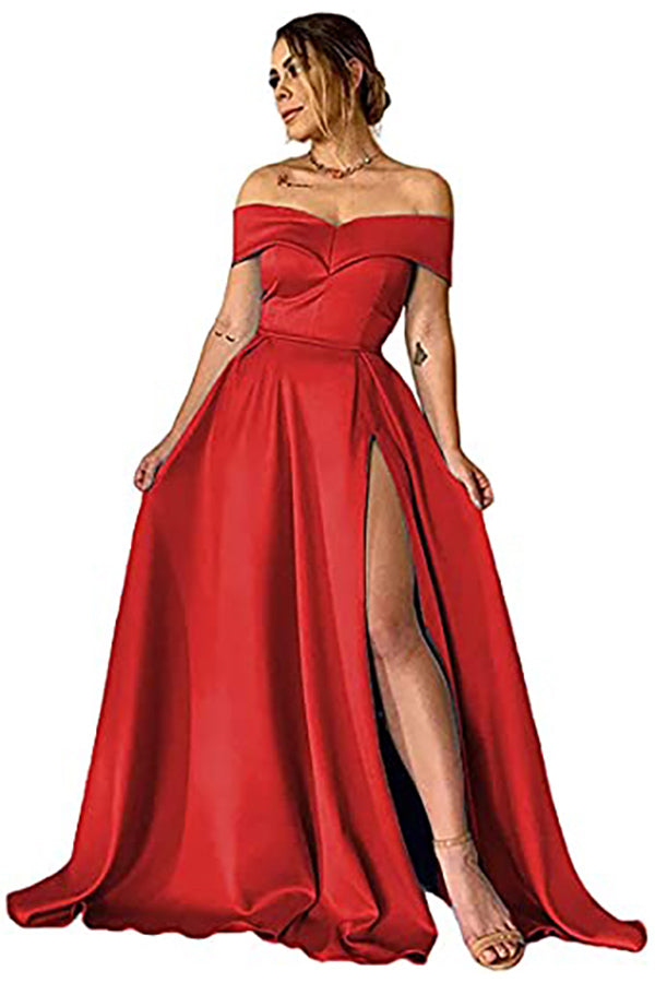 Black Satin A-line Off-the-Shoulder Long Prom Dress with Split-27dress