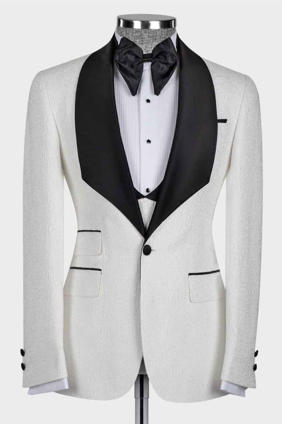 Black Satin Lapel Three Pieces White Jacquard Men's Wedding Suit for Groom