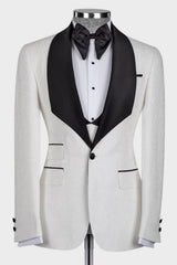 Black Satin Lapel Three Pieces White Jacquard Men's Wedding Suit for Groom