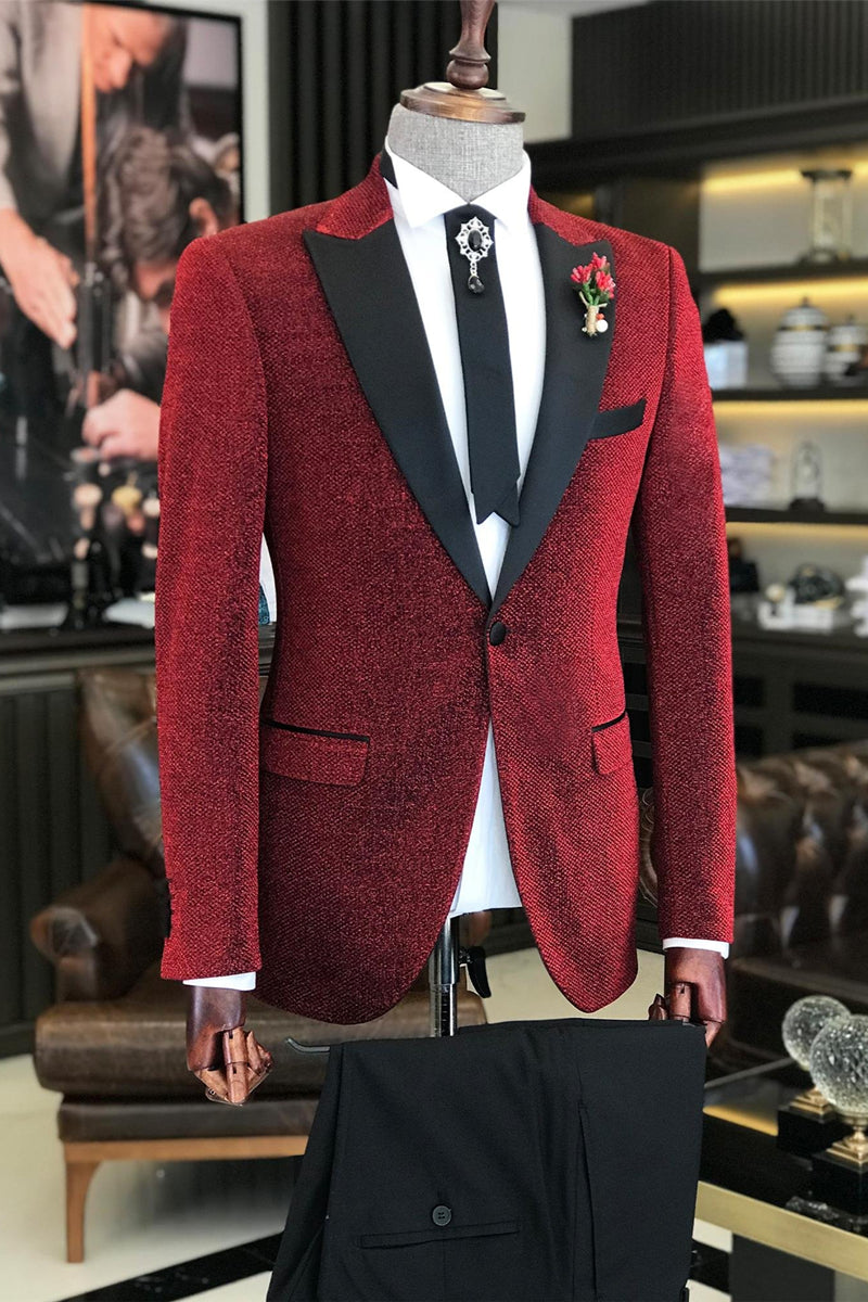 Black Satin Peaked Lapel Sparkling Red Fashion Men's Prom Suit