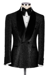 Black Sequins Double Breasted Wedding Men Suits With Velvet Shawl Lapel