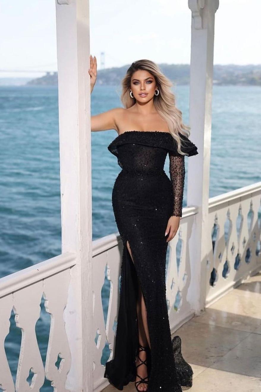 Black Sequins One Shoulder Long Sleeve Mermaid Long Prom Dress With Split