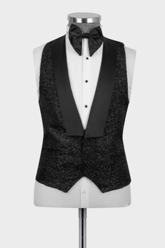 Sequins Peaked Lapel Three Pieces Black Prom Suits For Men