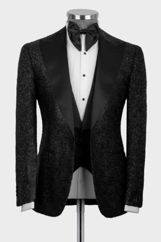 Sequins Peaked Lapel Three Pieces Black Prom Suits For Men