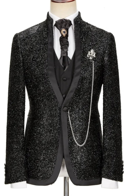 Sequins Shawl Lapel Three Pieces Black Wedding Suits