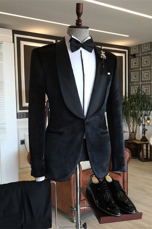 Black Shawl Lapel Close Fitting Two Pieces Velvet Suits For Wedding