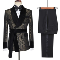 Shawl Lapel Double Breasted Jacquard Black Wedding Suits