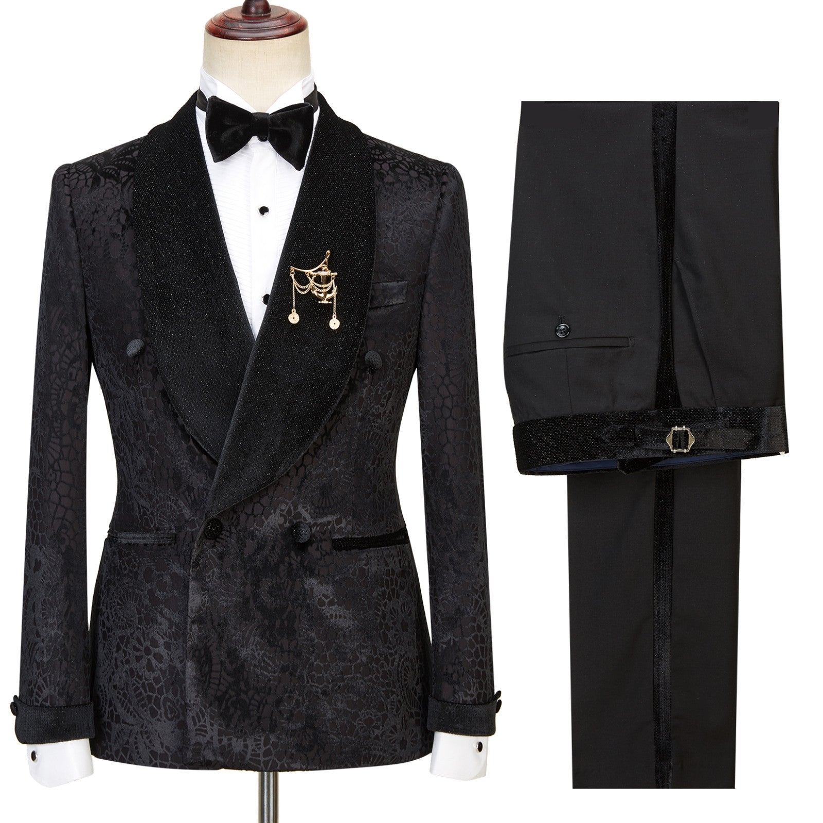 Shawl Lapel Double Breasted Sparkle Patterns Black Wedding Suits