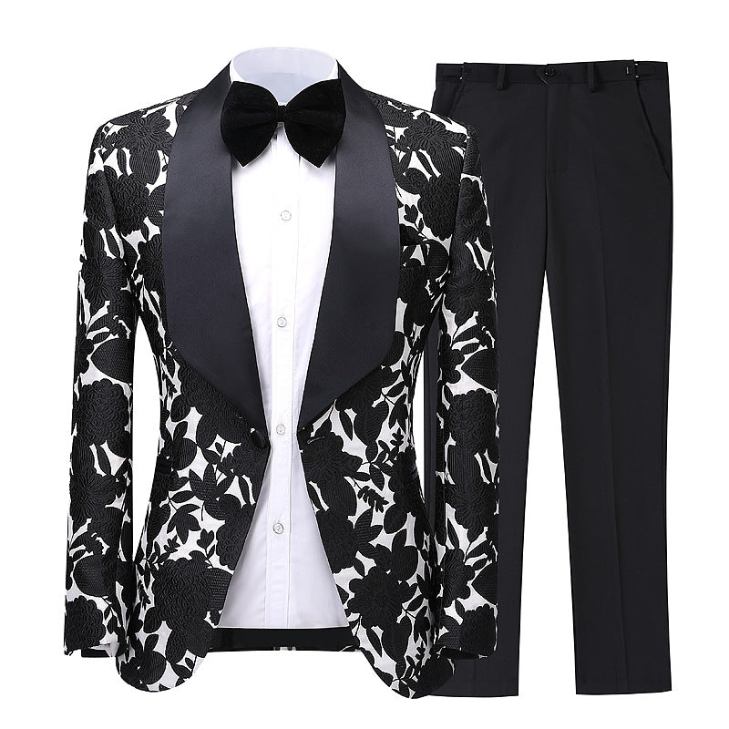 Shawl Lapel Jacquard Two Pieces Black Wedding Suits