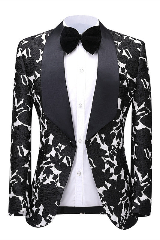 Shawl Lapel Jacquard Two Pieces Black Wedding Suits