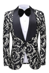 Shawl Lapel Jacquard Black Wedding Suits For Men