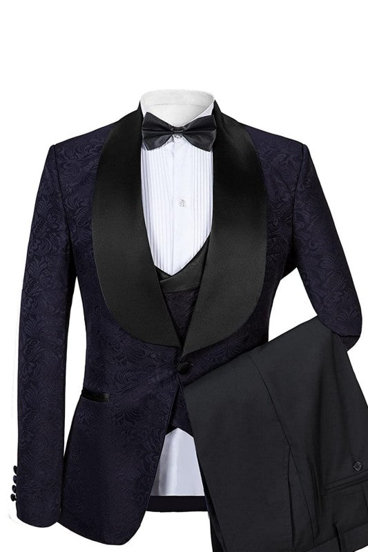 Black Shawl Lapel Three Pieces Jacquard Men Suits For Wedding