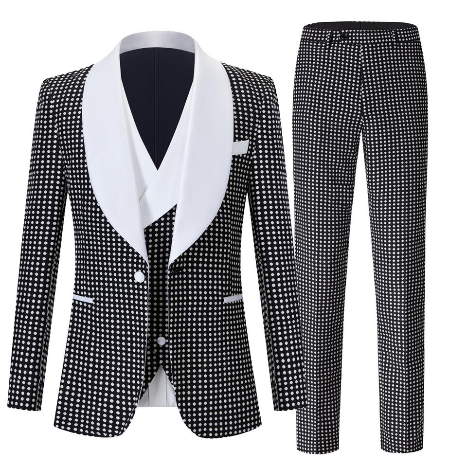Shawl Lapel Three Pieces Black Wedding Suits With White Dot