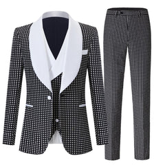 Shawl Lapel Three Pieces Black Wedding Suits With White Dot